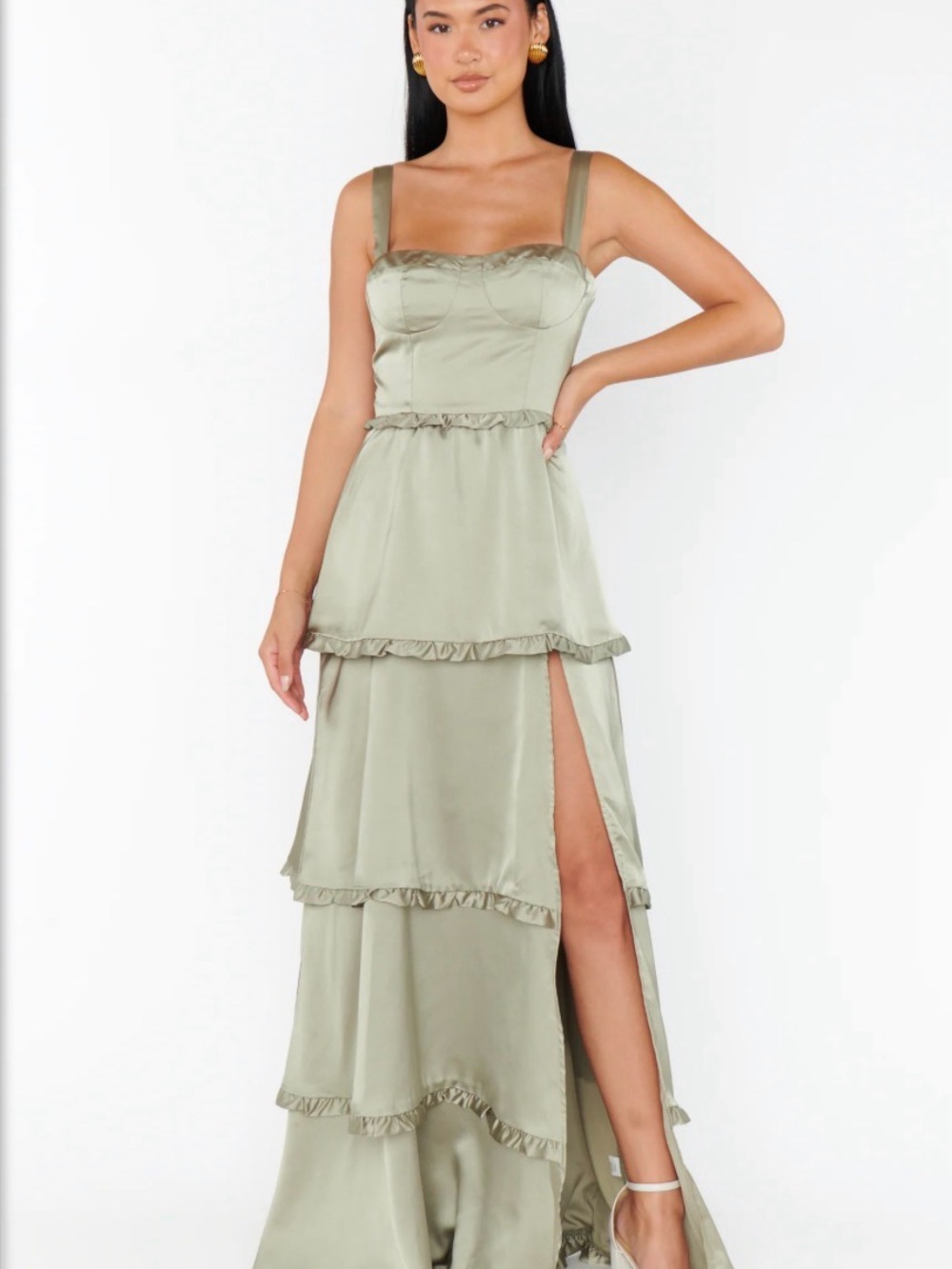 Show Me Your MuMu Bridesmaid Dress. Lady Corset Dress in Moss Green Luxe Satin.